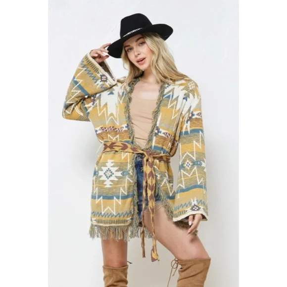 SOLD OUT Mustard Fringe Western Native Aztec Belted Tie Knit Cardigan Sweater - Picture 2 of 9
